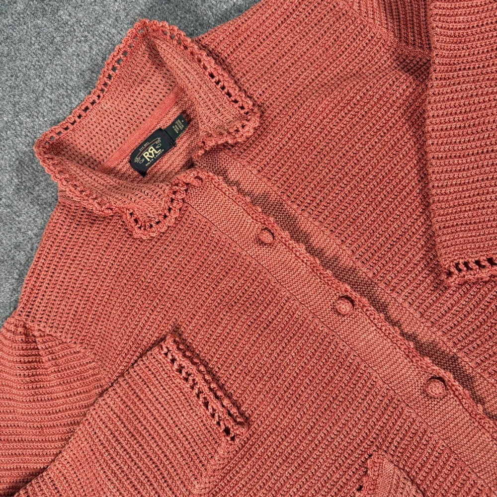 RRL Ralph Lauren Terracotta Linen Crochet Knit Cardigan Sweater Size L #4994